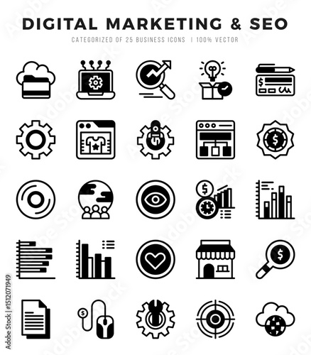 Vector Digital Marketing & SEO types icon set in Lineal Filled style. vector illustration.