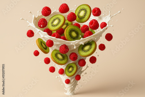 Vibrant Kiwi And Raspberry Splash Tornado Swirling In Fresh Cream Explosion Background