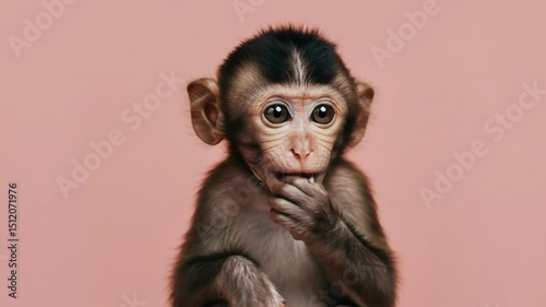 Baby monkey with big eyes sitting on a pink studio background. Young primate looking around and rubbing hands. Adorable animal portrait with copy space. World Monkey Day, December 14