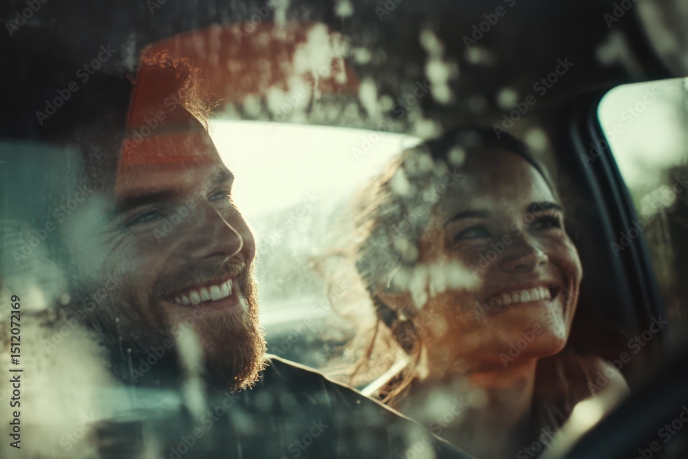 Obraz premium Couple traveling together in car, smiling and having fun on road trip