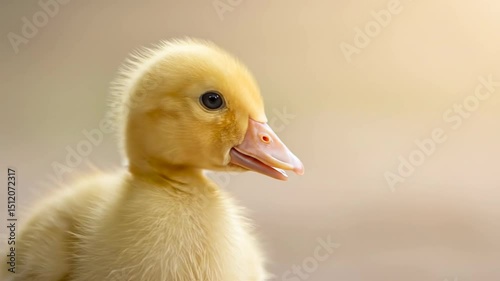 Cute yellow duckling close-up. Adorable fluffy baby duck bird looking around with soft warm background. Copy space for text