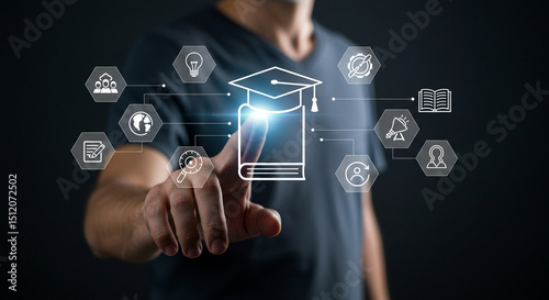 Digital education concept with man touching virtual learning icons for online courses and degree programs