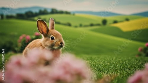 Cute brown rabbit sits on green grass in an idyllic spring meadow video. Whimsical Easter scene footage with easter bunny and copy space