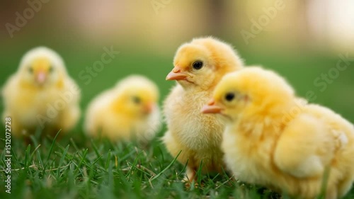 Cute yellow baby chicks chirping on green grass. International Respect for Chickens Day