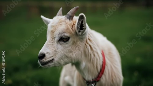 Cute young goat kid with a red collar standing in a green grassy field. Adorable baby goatling farm animal looking around.