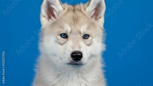 Cute husky puppy with blue eyes sitting and looking at camera. Adorable fluffy young dog on a bright blue studio background. Slow zoom in.