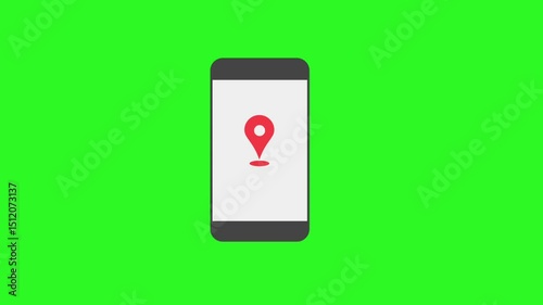 Animation of GPS Location Pointer on smartphone . GPS navigator. Isolated in green color background.