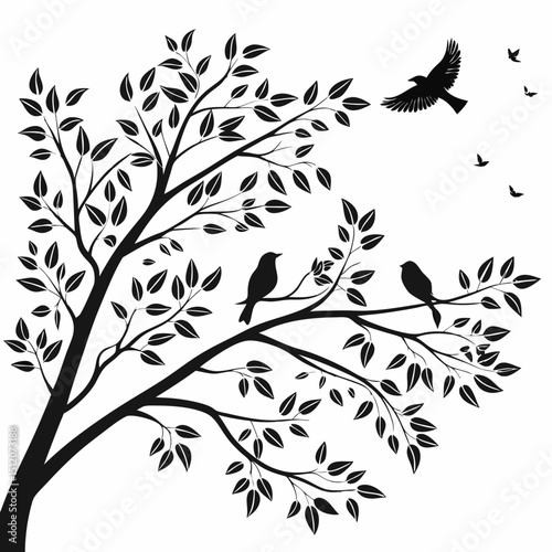 Silhouette birds on leafy tree branch