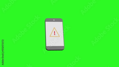 3D Animation of mobile phone with exclamation mark icon isolated on green color background. Alert message smartphone notification. motion graphic.