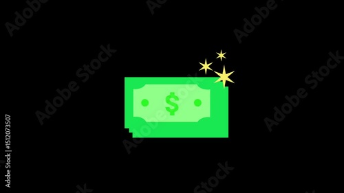 Animation of paper money, banknote, finance. Isolated on black color background.