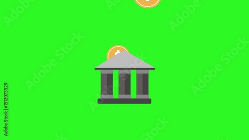 Animation icon of bank with coin on green color background. Alpha Channel. Online banking, finance, bank transactions, bank service and investment concept.