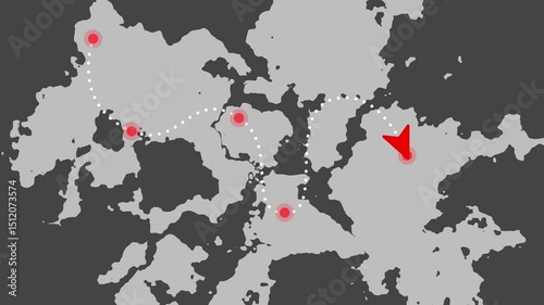 Animation of GPS navigation with red arrow icon moving in multiple destination on black background. HD videos.