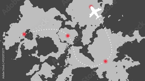 Animation of GPS navigation in multiple destination on black background. GPS map location with plan icon moving.HD videos.