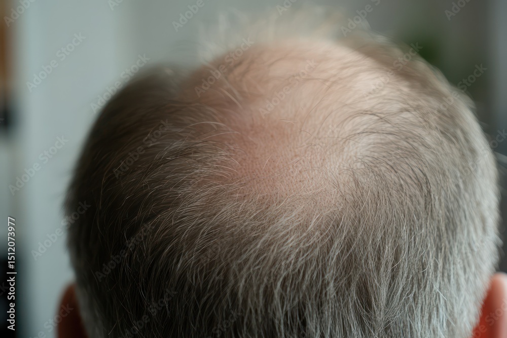 Close-up of thinning hair in man showing male pattern baldness Close-up of thinning hair in man showing male pattern baldness