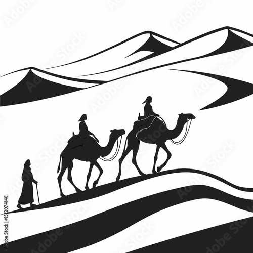 Camel caravan crossing desert dunes