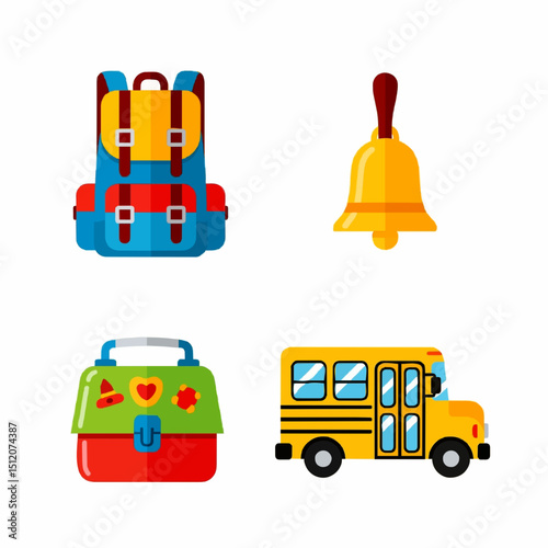 A set of vibrant illustrations showcasing a school bag, bell, lunchbox, and school bus. Ideal for educational concepts