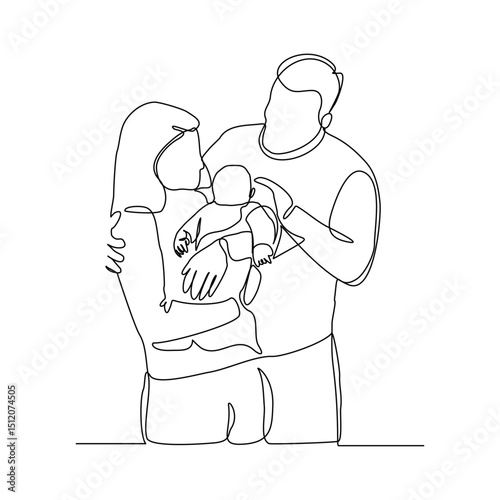 Continuous single line drawing of happy family couple dad and mom with baby kids newborn toddler. Vector illustration sketch editable stroke