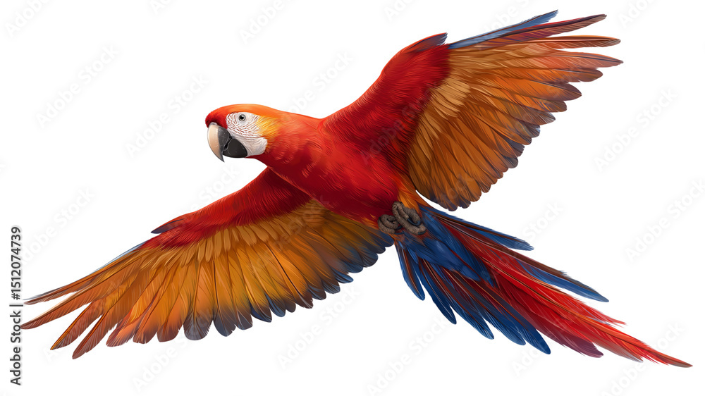 Fototapeta premium A macaw flying isolated on transparent background, real photo, stock photography, high resolution