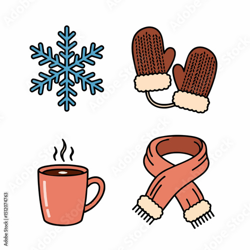 Winter-Themed Illustration Featuring Mittens, Scarf, Snowflake, and Hot Beverage