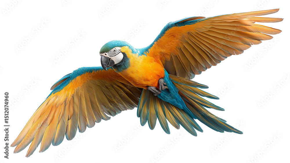Fototapeta premium A macaw parrot flying isolated on transparent background, real photo, stock photography, high resolution