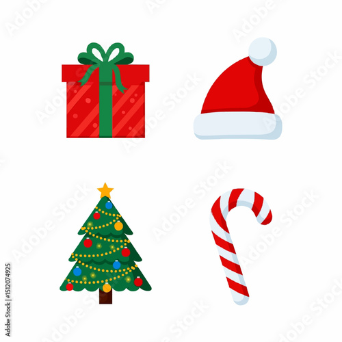 Set of Christmas-Themed Icons Including Tree, Gift, Candy Cane, and Santa Hat