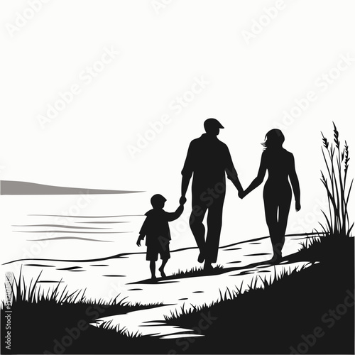 Family silhouette walking on a beach path