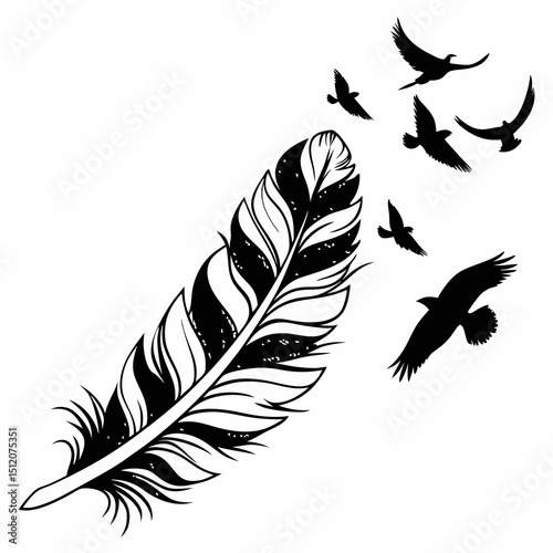 Black and white feather with flying birds illustration