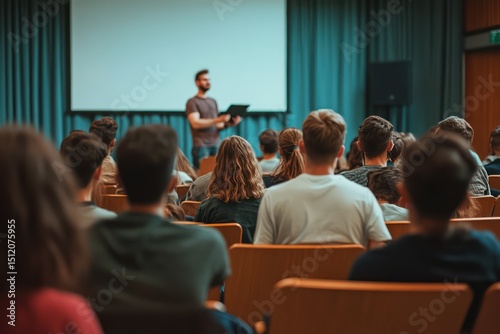 Classroom scene with teacher presenting on projector to students