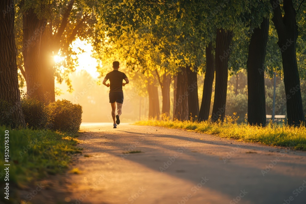 Fototapeta premium Man jogging along tree-lined path at sunrise surrounded by nature