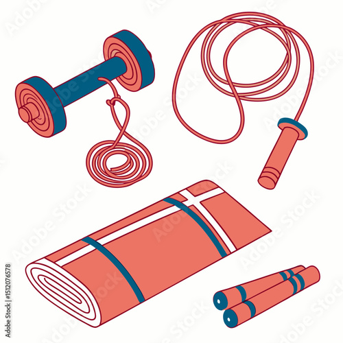 Fitness equipment illustration dumbbell jump rope mat and nunchucks