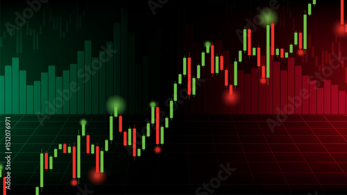 Stock graph background with green and red candlestick chart showing financial data trends