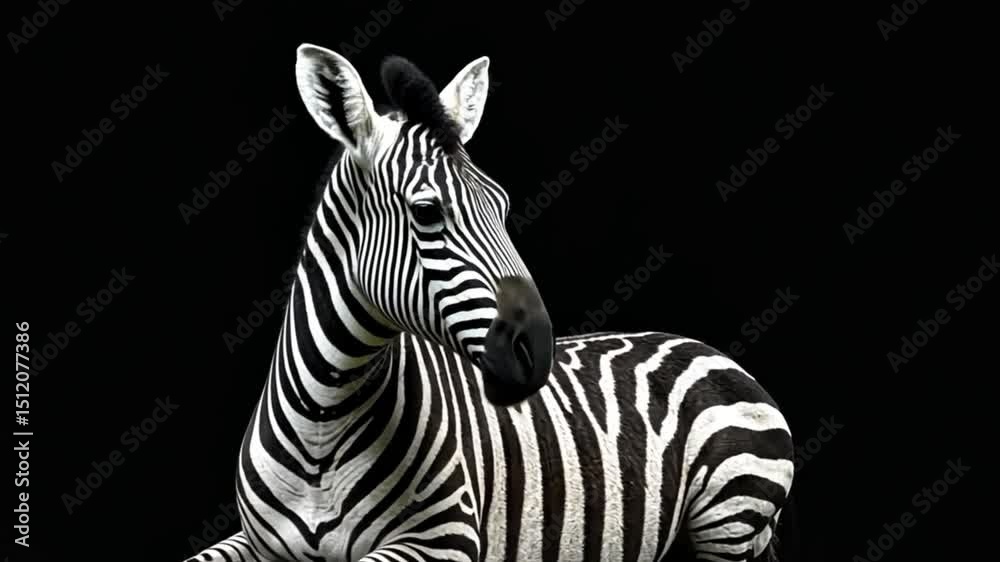 Striped Serenity: A regal zebra, its striking black and white stripes create a captivating contrast against a seamless black backdrop, the zebra embodies tranquility and elegance.