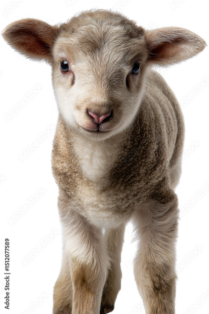 Fototapeta premium Fluffy Lamb: This adorable lamb, captured with photorealistic precision, stands facing the viewer, presenting a tender and innocent gaze.