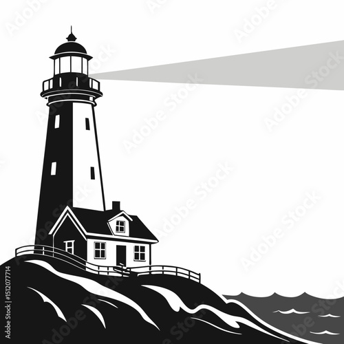 Black and white lighthouse illustration with keeper s house