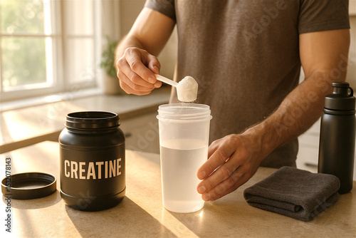 Athlete is adding creatine powder to a shaker bottle with water, preparing a supplement drink in a home kitchen setting, promoting muscle growth and athletic performance