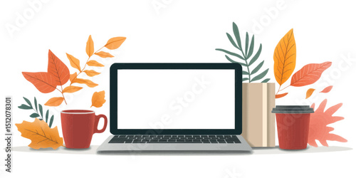 A laptop with a blank white screen surrounded by autumn leaves, a mug, and a takeaway cup. Suitable for fall-themed blogs and remote work concepts.