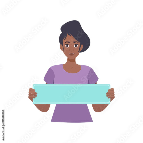 An illustration of a woman with darker skin tones holding a blank banner. Ideal for websites/blogs on communication, announcements, marketing, or female representation.
