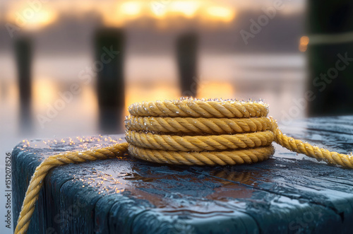Coiled yellow rope on wet dock with water droplets, sunrise background, calm and peaceful mood