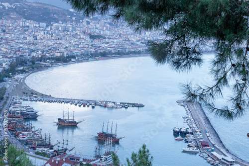 Scenic Aerial View of Alanya Harbor and City Coastline, Turkey