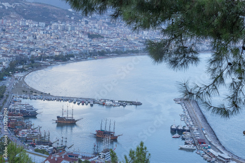 Scenic Aerial View of Alanya Harbor and City Coastline, Turkey