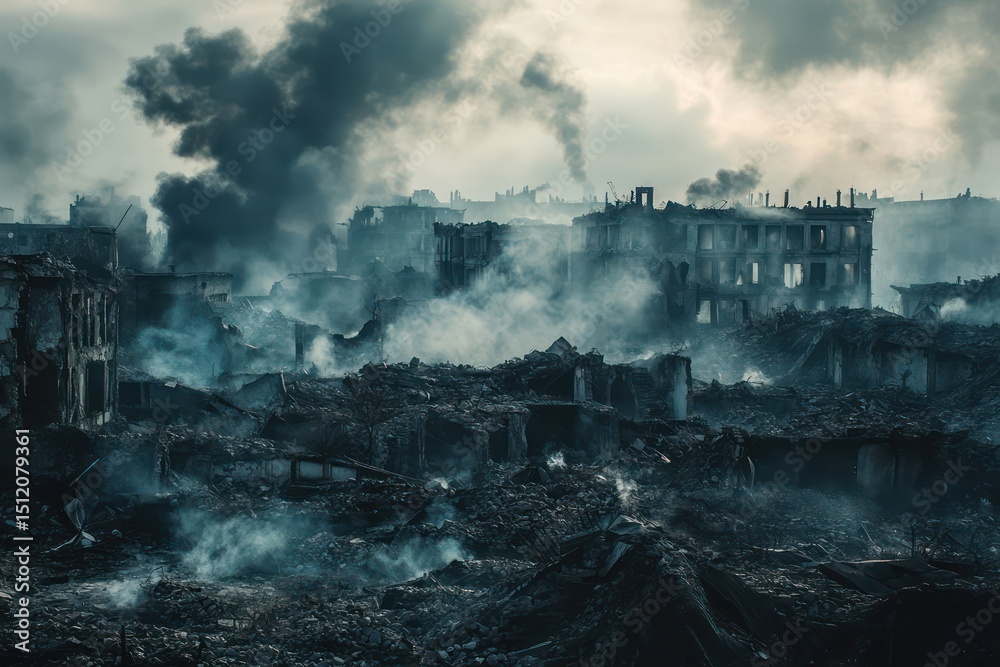 Fototapeta premium Destroyed city ruins with smoke in air from conflict