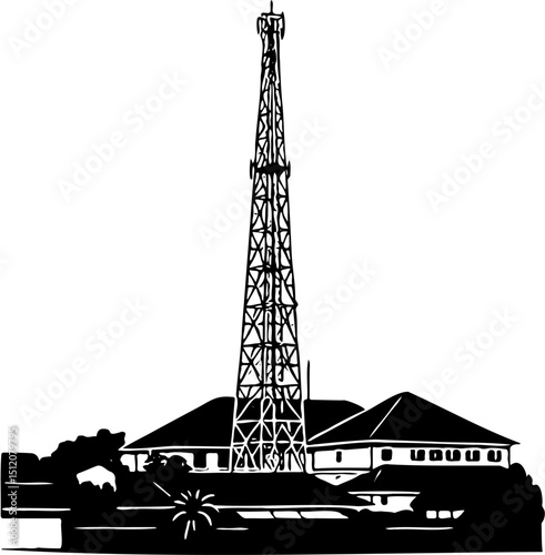 silhouette vector illustration of a signal tower around a residential building, isolated on white