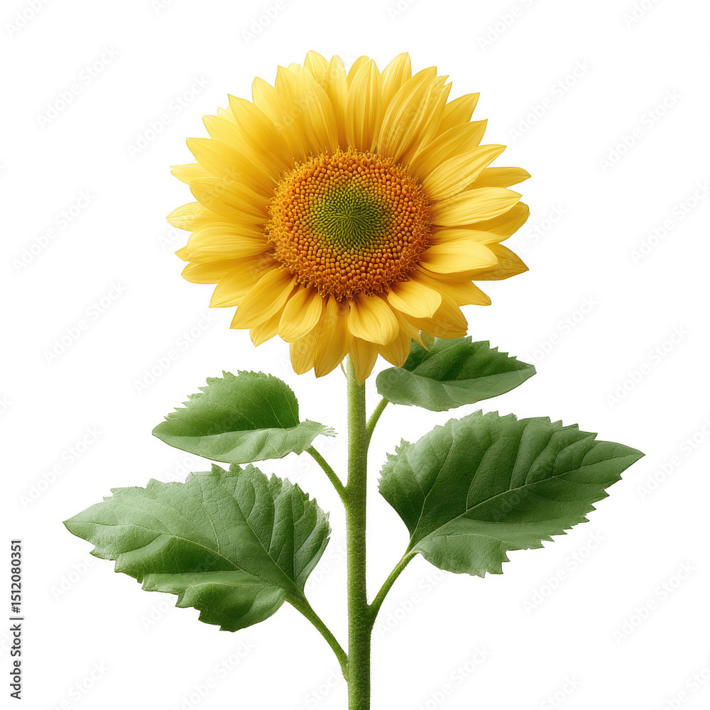Obraz premium A vibrant sunflower with bright yellow petals and a green center, accompanied by fresh green leaves, ideal for nature-themed designs and floral arrangements.