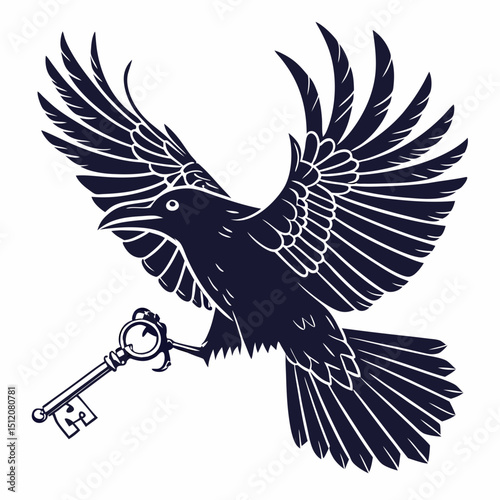 Flying raven holding antique key illustration