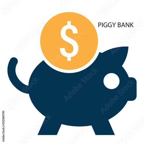 Silhouette of a piggy bank is shown in dark blue, with a yellow coin featuring a white dollar sign inserted at the top. 