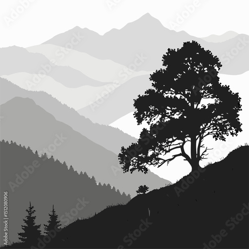 Silhouette of tree on hillside with mountain range