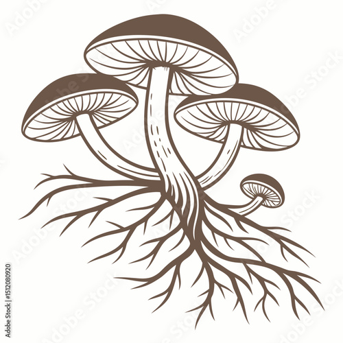 Three mushrooms with extensive root system illustration