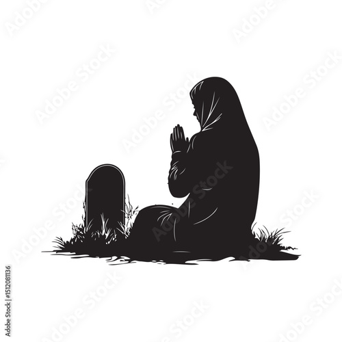 Vector sketch illustration of a woman praying solemnly in front of a grave. The hand-drawn style captures the emotional and respectful moment of remembrance and spirituality