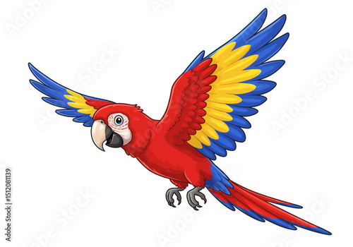 Cartoon Scarlet Macaw in Flight with Colorful Plumage