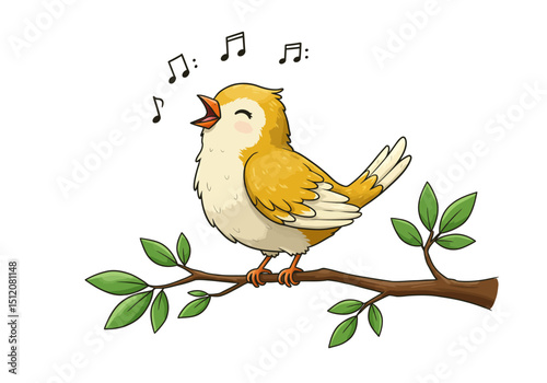 Cartoon Bird Singing on a Branch with Musical Notes